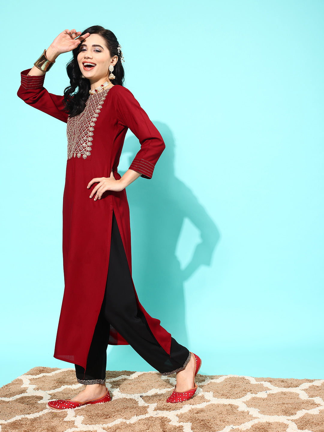 NOZ2TOZ Women Maroon Embroidered Yoke Desgin Straight Kurta - Distacart