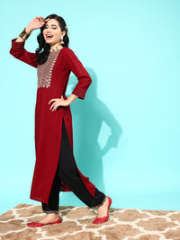 Thumbnail for NOZ2TOZ Women Maroon Embroidered Yoke Desgin Straight Kurta - Distacart