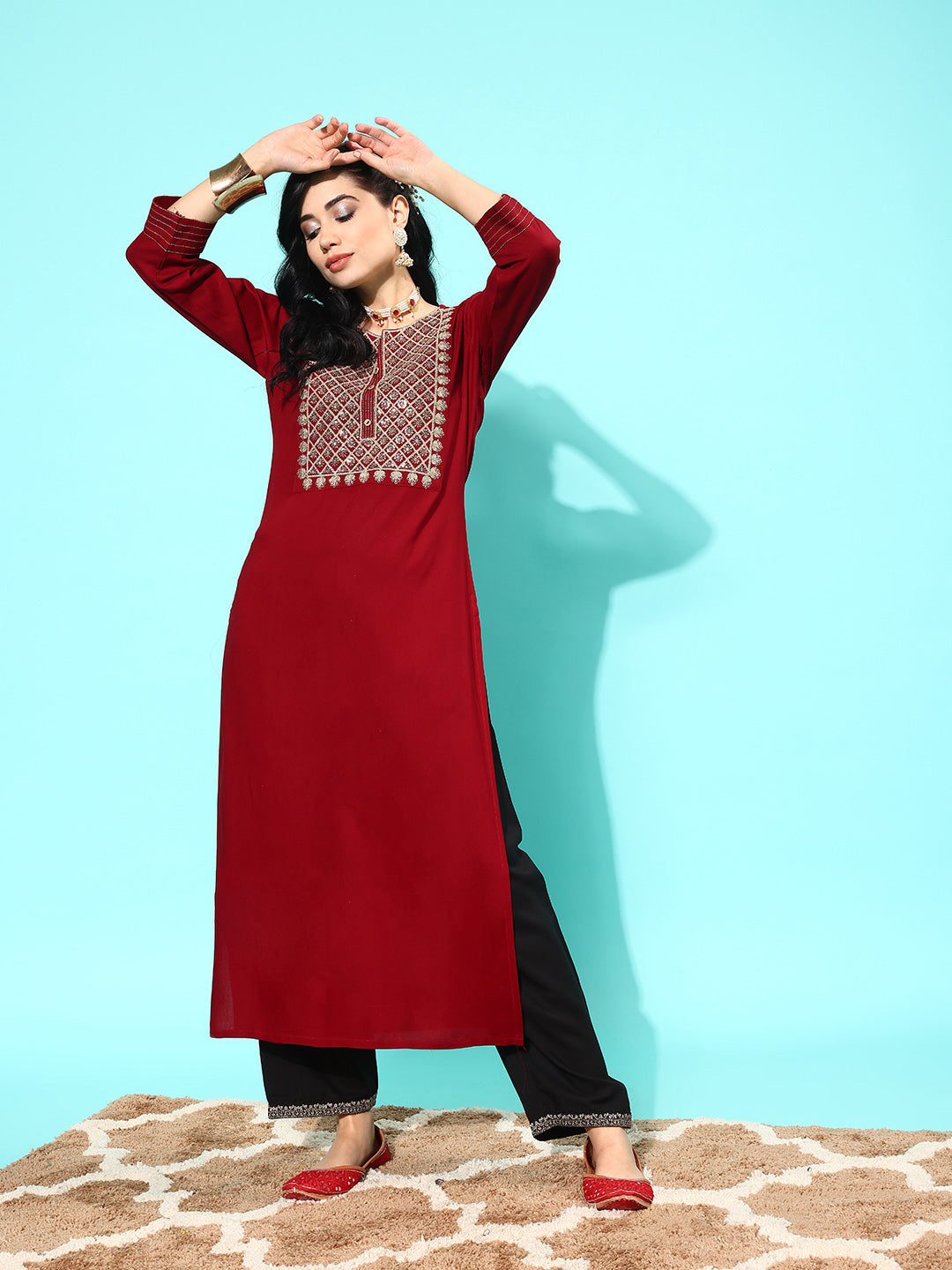 NOZ2TOZ Women Maroon Embroidered Yoke Desgin Straight Kurta - Distacart