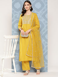 Thumbnail for NOZ2TOZ Women Yellow Embroidered Straight Kurta With Palazzo And Net Dupatta - Distacart