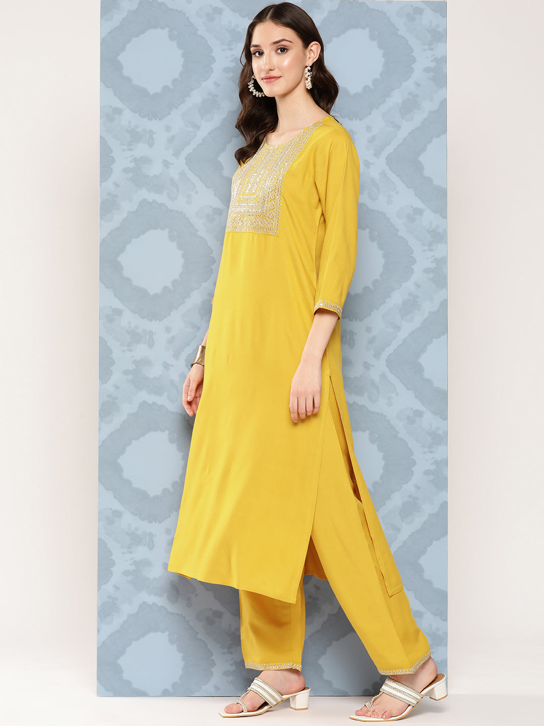 NOZ2TOZ Women Yellow Embroidered Straight Kurta With Palazzo And Net Dupatta - Distacart
