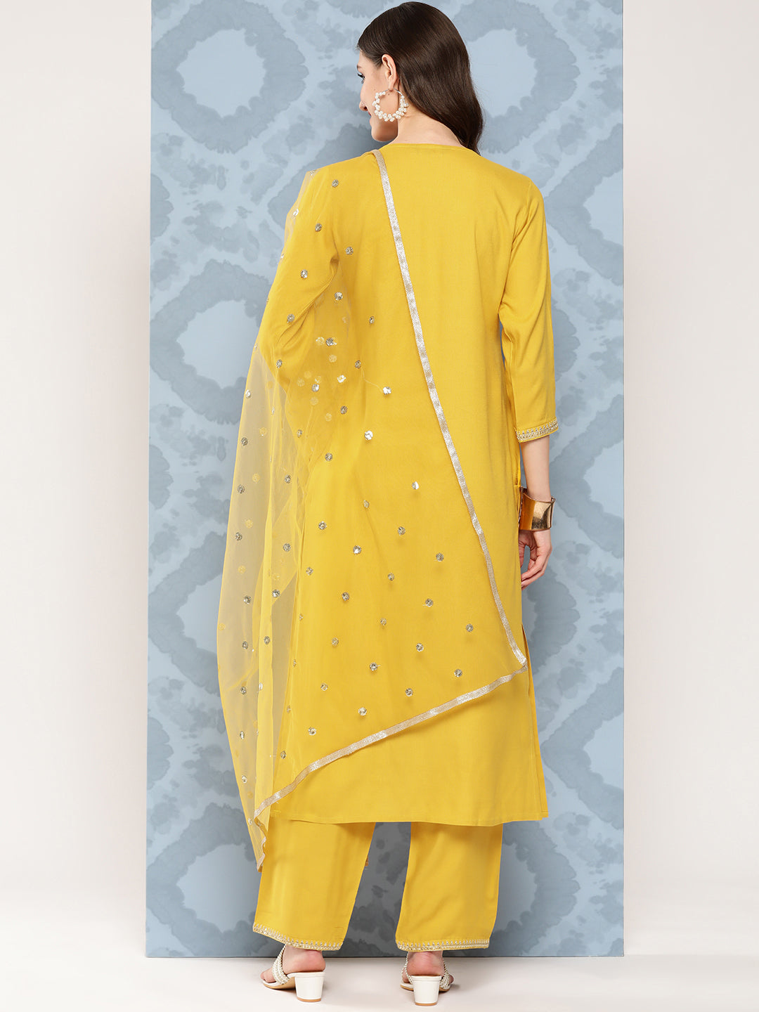 NOZ2TOZ Women Yellow Embroidered Straight Kurta With Palazzo And Net Dupatta - Distacart
