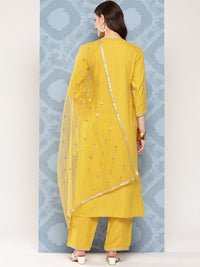 Thumbnail for NOZ2TOZ Women Yellow Embroidered Straight Kurta With Palazzo And Net Dupatta - Distacart