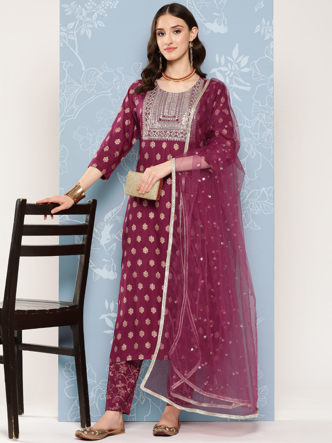 NOZ2TOZ Women Burgundy Embroidered Straight Kurta With Palazzo And Net Dupatta - Distacart
