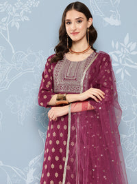 Thumbnail for NOZ2TOZ Women Burgundy Embroidered Straight Kurta With Palazzo And Net Dupatta - Distacart