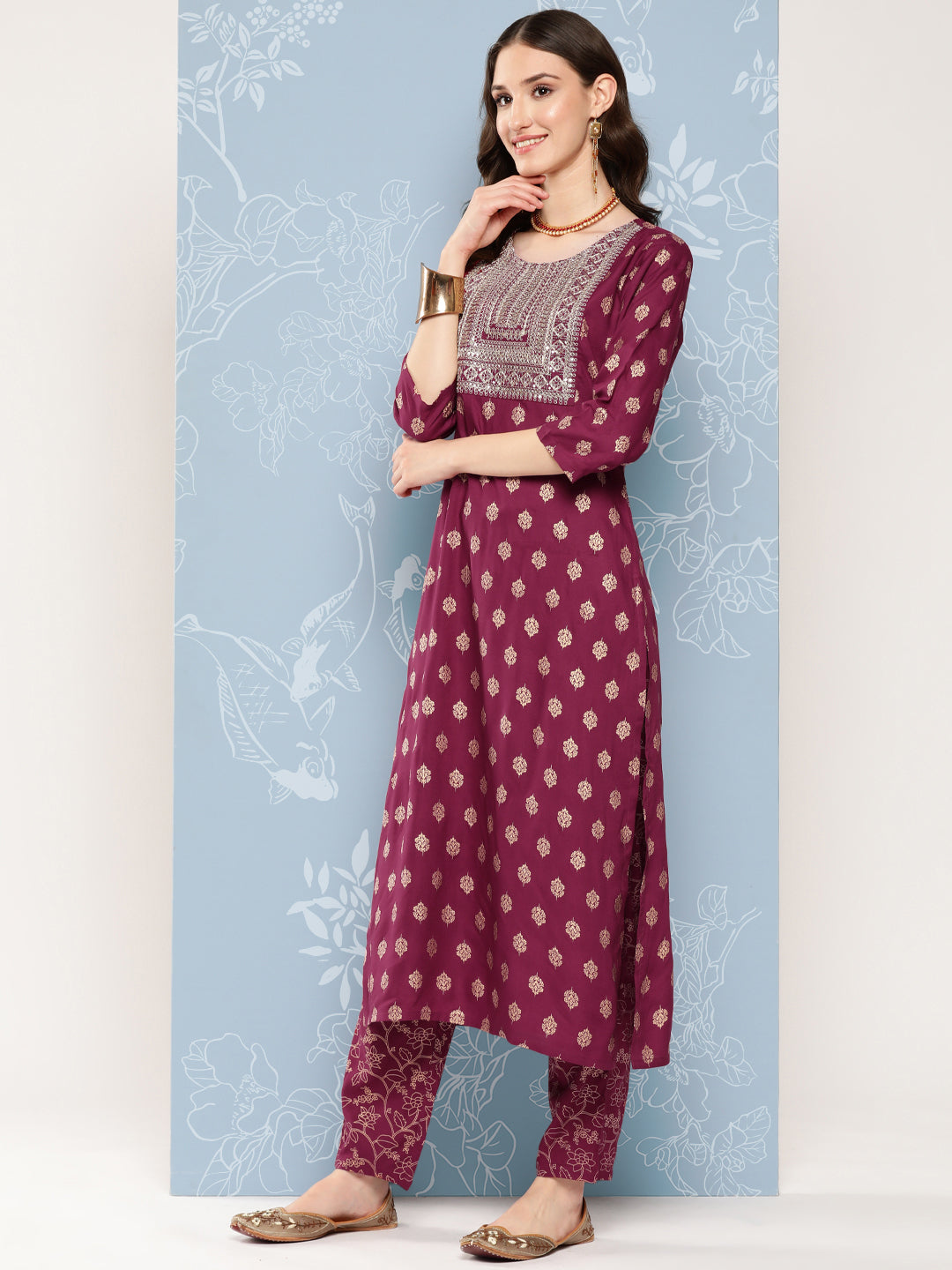 NOZ2TOZ Women Burgundy Embroidered Straight Kurta With Palazzo And Net Dupatta - Distacart