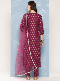 Thumbnail for NOZ2TOZ Women Burgundy Embroidered Straight Kurta With Palazzo And Net Dupatta - Distacart