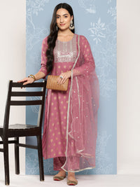 Thumbnail for NOZ2TOZ Women Mauve Embroidered Straight Kurta With Palazzo And Net Dupatta - Distacart