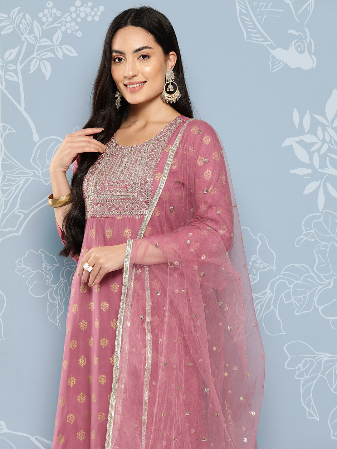 NOZ2TOZ Women Mauve Embroidered Straight Kurta With Palazzo And Net Dupatta - Distacart