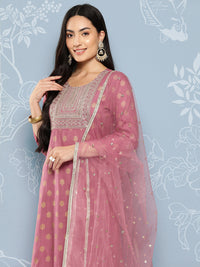 Thumbnail for NOZ2TOZ Women Mauve Embroidered Straight Kurta With Palazzo And Net Dupatta - Distacart
