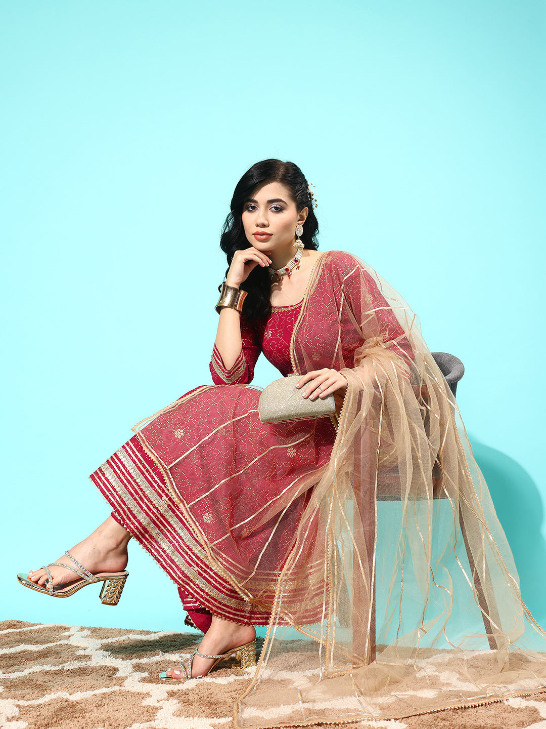 NOZ2TOZ Women Maroon Floral Printed Regular Gotta Patti Pure Cotton Kurta With Trousers & With Dupatta - Distacart