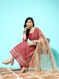Thumbnail for NOZ2TOZ Women Maroon Floral Printed Regular Gotta Patti Pure Cotton Kurta With Trousers & With Dupatta - Distacart