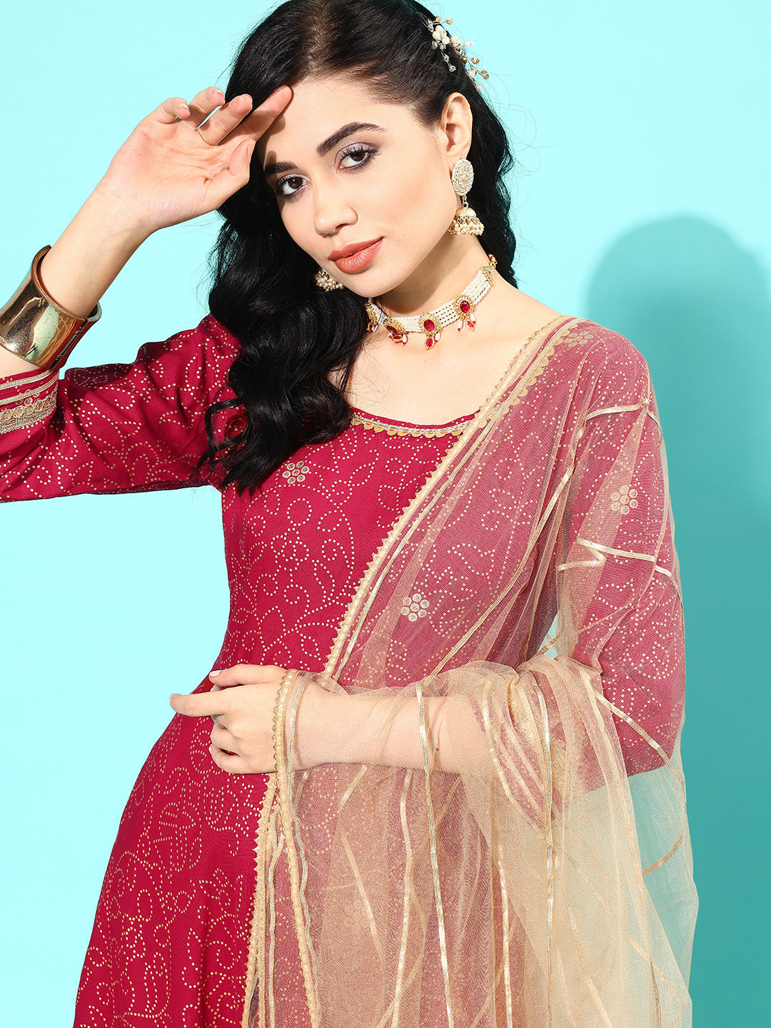 NOZ2TOZ Women Maroon Floral Printed Regular Gotta Patti Pure Cotton Kurta With Trousers & With Dupatta - Distacart