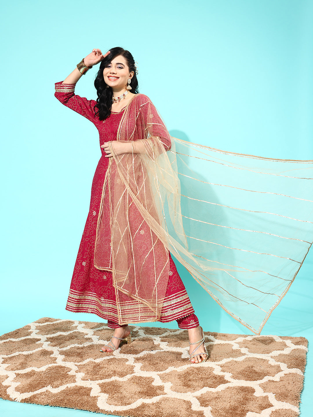 NOZ2TOZ Women Maroon Floral Printed Regular Gotta Patti Pure Cotton Kurta With Trousers & With Dupatta - Distacart