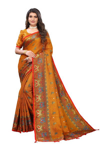 Thumbnail for Vamika Mustard Jute Silk Mirror Work Saree