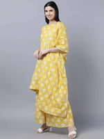 Thumbnail for Myshka Women Yellow Floral Pure Cotton Kurti with Palazzos With Dupatta - Distacart