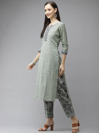 Thumbnail for Yufta Green and off-white yoke design Kurta with Palazzo with Dupatta Set