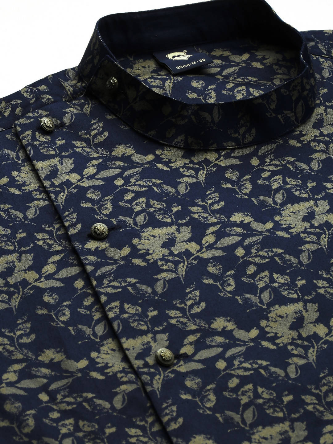 Manyavar Men Navy Blue & Beige Floral Printed Straight Kurta - Distacart