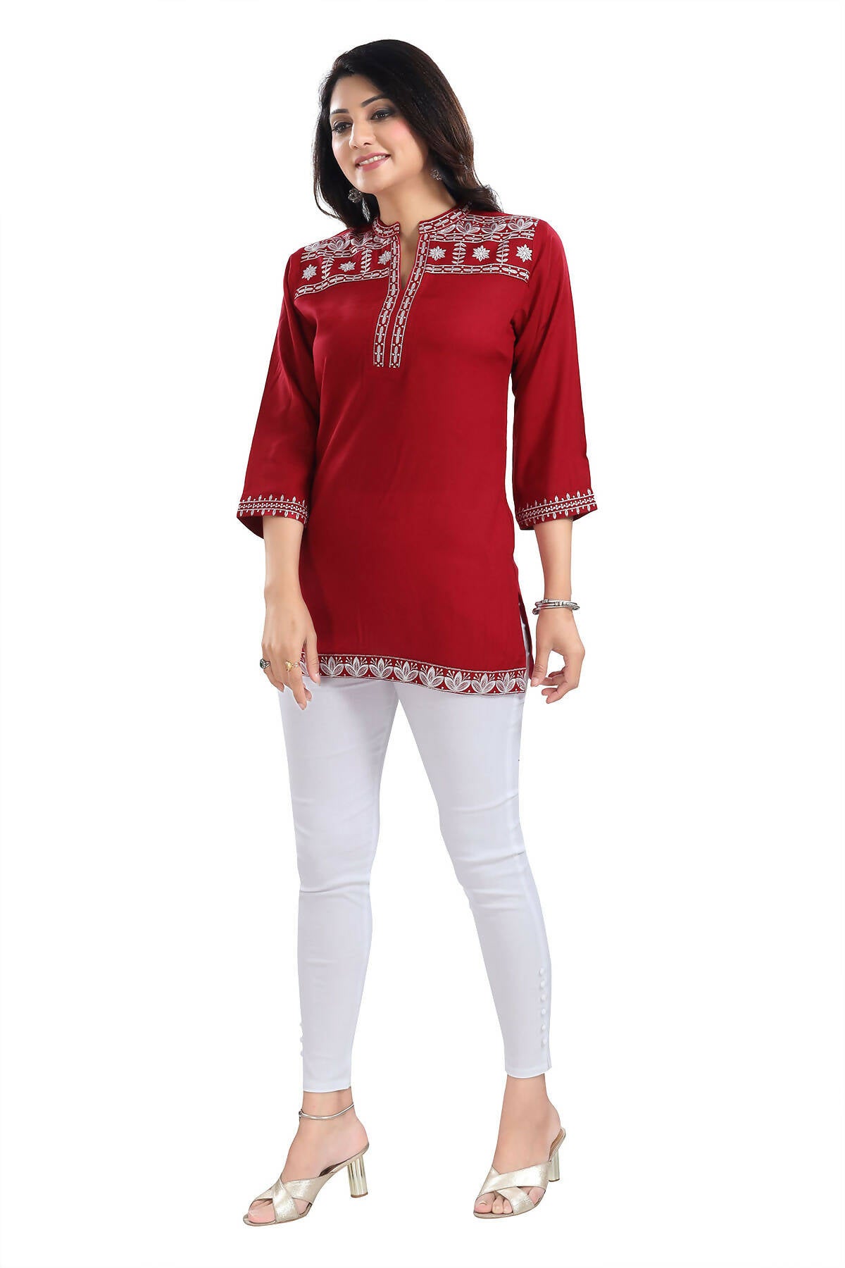 Snehal Creations Rosy Red Women Embroidered Boho Chic Tunic Top - Distacart
