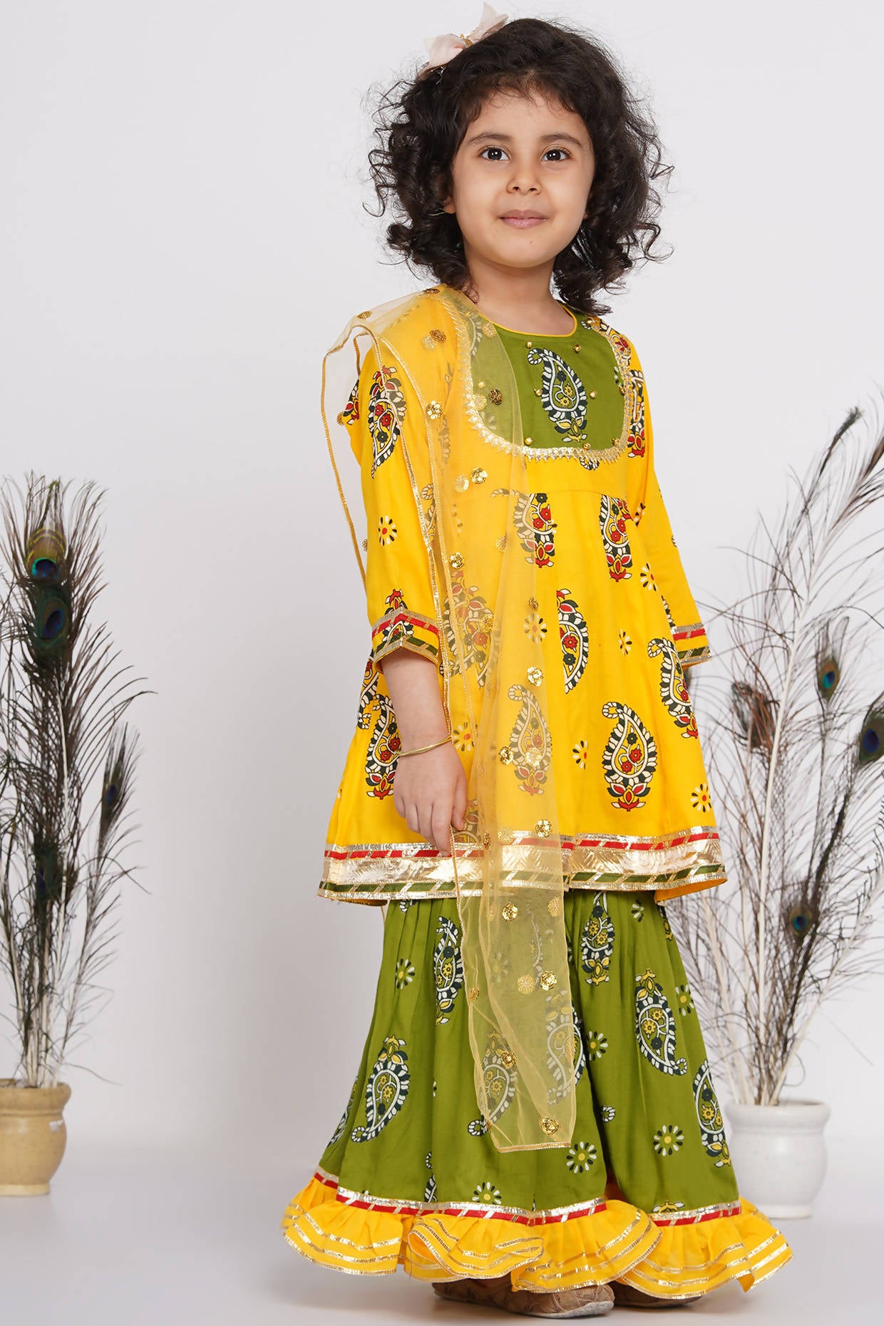 Little Bansi Cotton Floral Kurta with Frill Sharara & Dupatta - Yellow & Green - Distacart