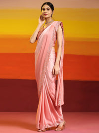 Thumbnail for Peach Ombre Satin Georgette Plain Ready to wear Saree with stitched Blouse - Vrinda - Distacart