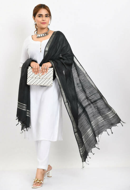 Mominos Fashion Moeza Women's Linen Cotton Silver Border Black Dupatta - Distacart
