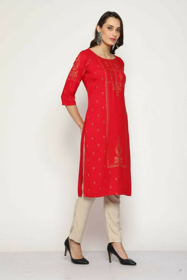 Maai Rayon Hand Printed Kurta Red - Distacart
