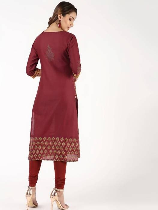 Aniyah Cotton Block Printed Maroon Straight Kurta (AN-141K)