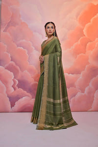 Thumbnail for Vishnu Weaves Women's Mahendi Cotton Self Weaving Saree with Blouse - Distacart