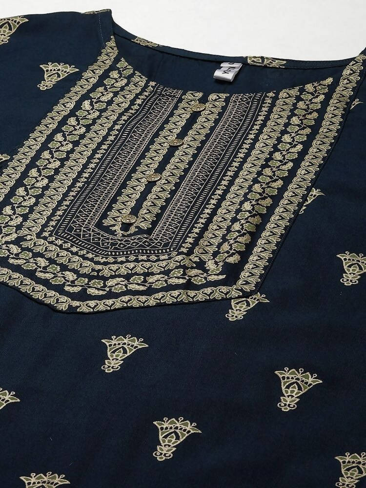 Yufta Women Blue and Green Embroidered Kurta with Trouser and Dupatta Set