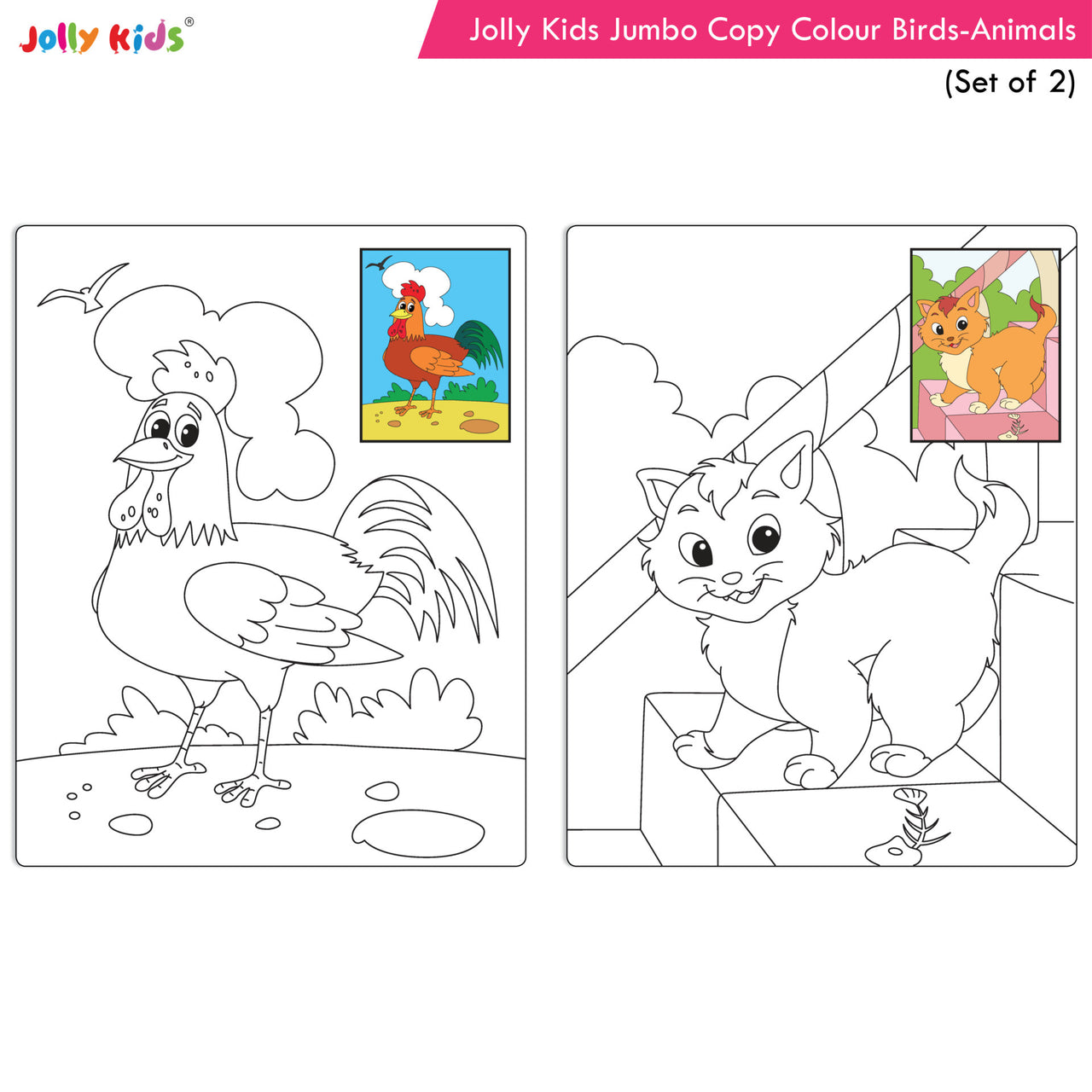 Jolly Kids Jumbo Copy Colour Books Set of 2| Colour Themes Birds, Dinosaurs, Animals, Ocean, Unicorns, Princess, Pirates, Mermaid| Ages 3-10 Years - Distacart