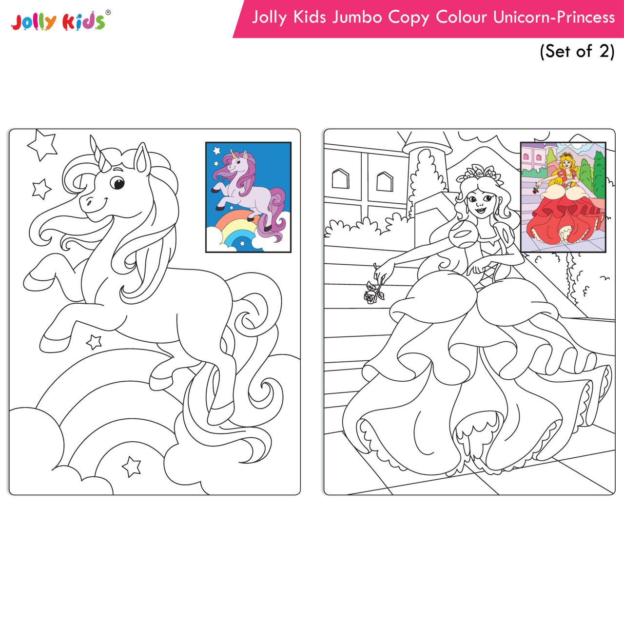 Jolly Kids Jumbo Copy Colour Books Set of 2| Colour Themes Birds, Dinosaurs, Animals, Ocean, Unicorns, Princess, Pirates, Mermaid| Ages 3-10 Years - Distacart