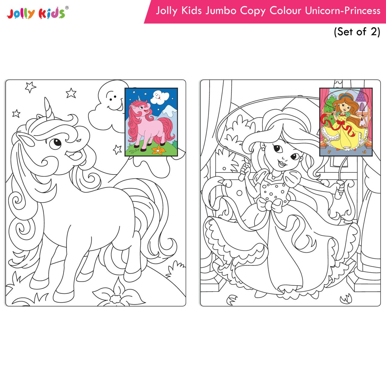 Jolly Kids Jumbo Copy Colour Books Set of 2| Colour Themes Birds, Dinosaurs, Animals, Ocean, Unicorns, Princess, Pirates, Mermaid| Ages 3-10 Years - Distacart