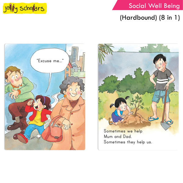 Jolly Scholars Social Well Being Hardbound 8 in 1 Stories Book For Kids To Learn Respect, Manner, Helping Our Friends, Family and So On Ages 3-6 Years - Distacart