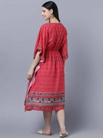 Thumbnail for Myshka Women's Red White Ethnic Motifs Printed Kaftan Midi Dress - Distacart