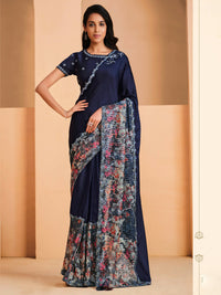 Thumbnail for Blue Satin Crepe Silk Sequence Embroidered Saree With Unstitched Blouse - Mohmanthan Yavanika - Distacart