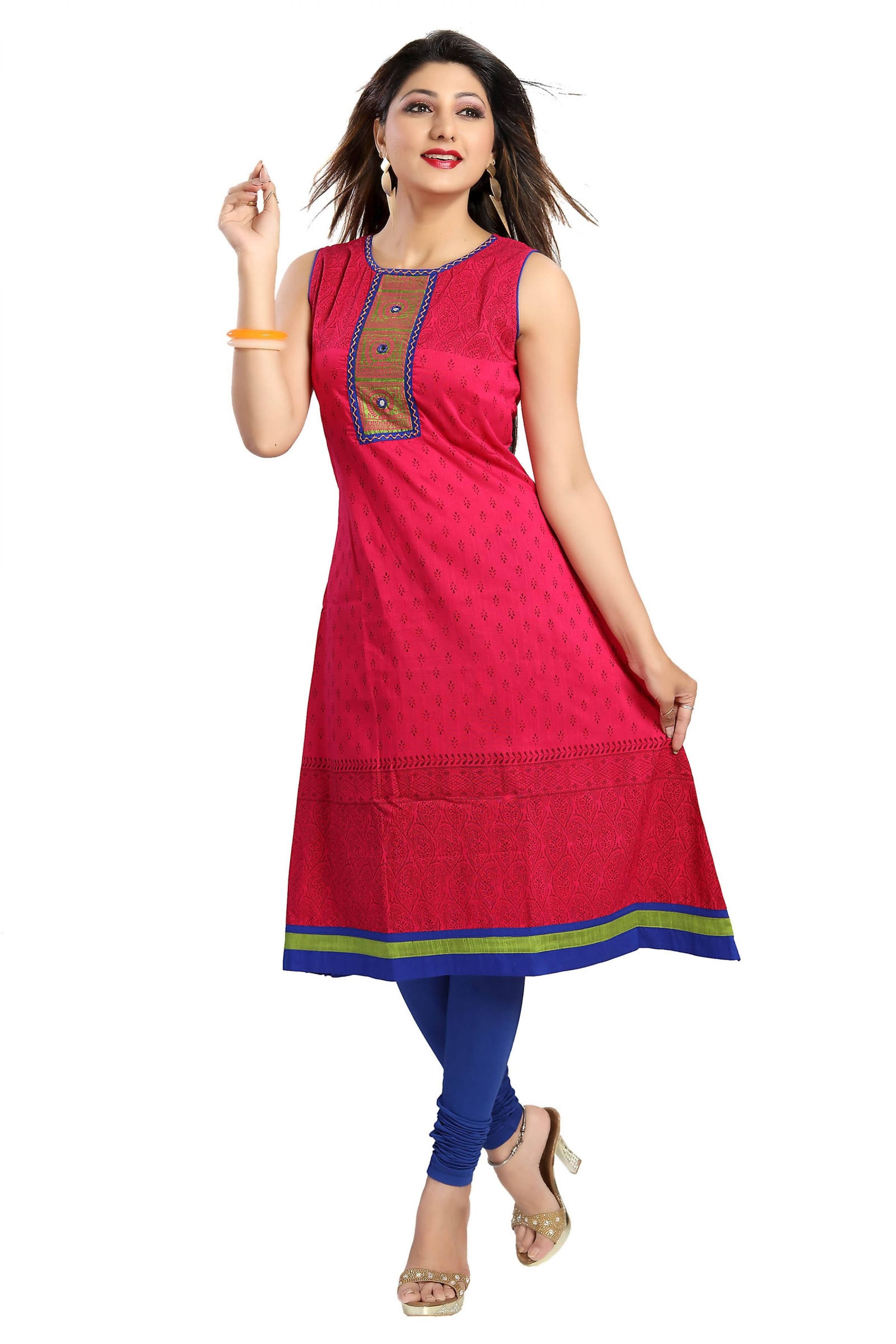 Snehal Creations Bold And Blast Hot Pink Raw Silk Sleeveless Kurti Tunic - Distacart