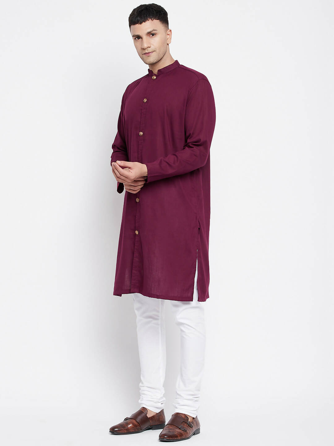 Even Apparels Maroon Pure Cotton Men's Sherwani Kurta With Open Front - Distacart