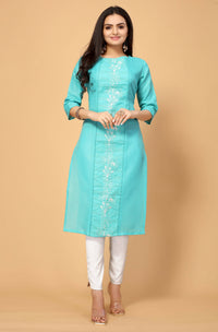 Thumbnail for Light Green Cottan Slub Embroidery Kurti - Umi - Distacart