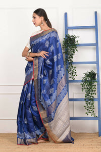 Thumbnail for Very Much Indian Handloom Pure Tussar Silk Saree With Floral Prints - Blue - Distacart