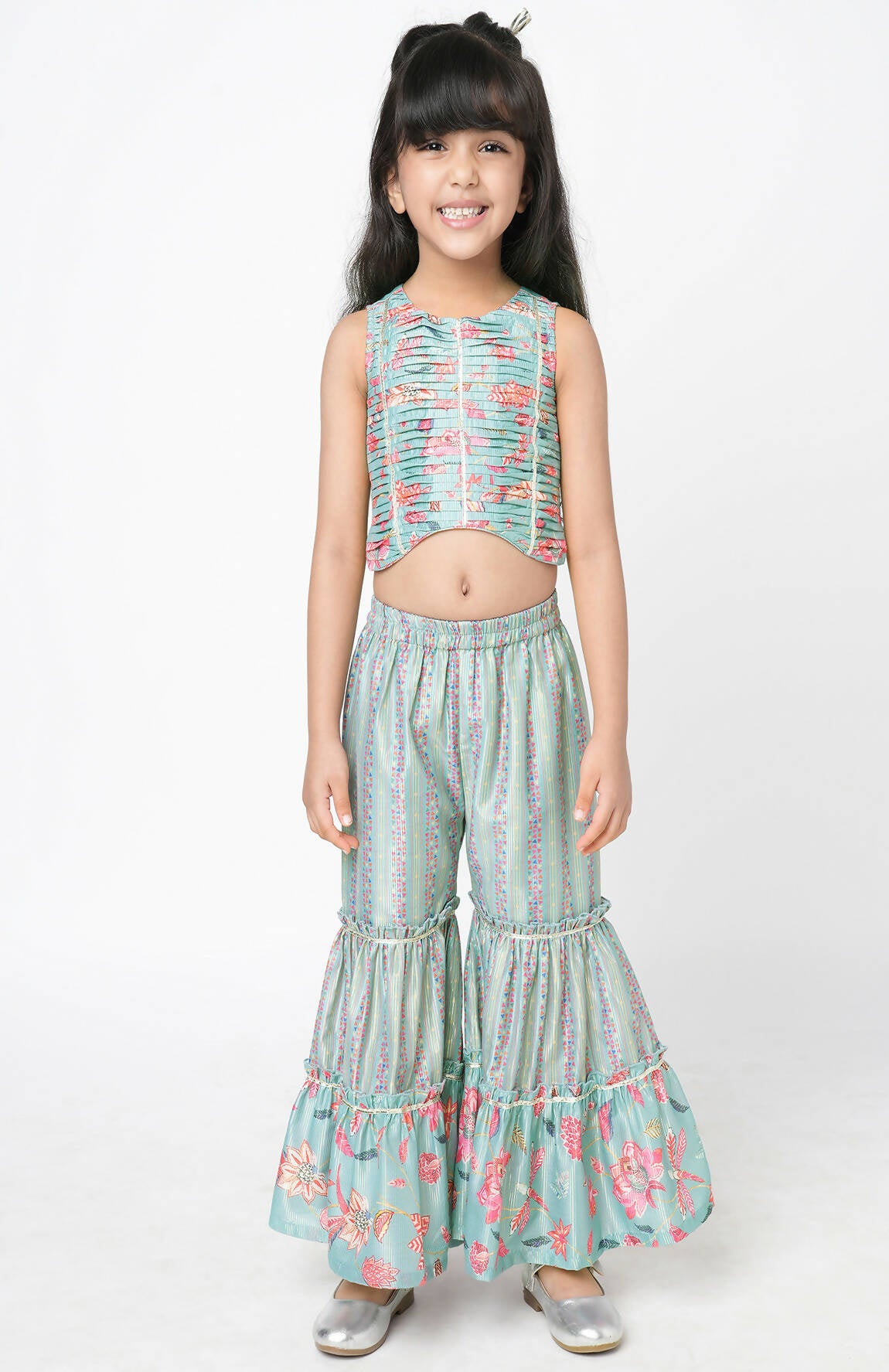 Lil Drama Golden Weaves Blue Crop Top With Palazzo Co-Ordinate Set - Distacart