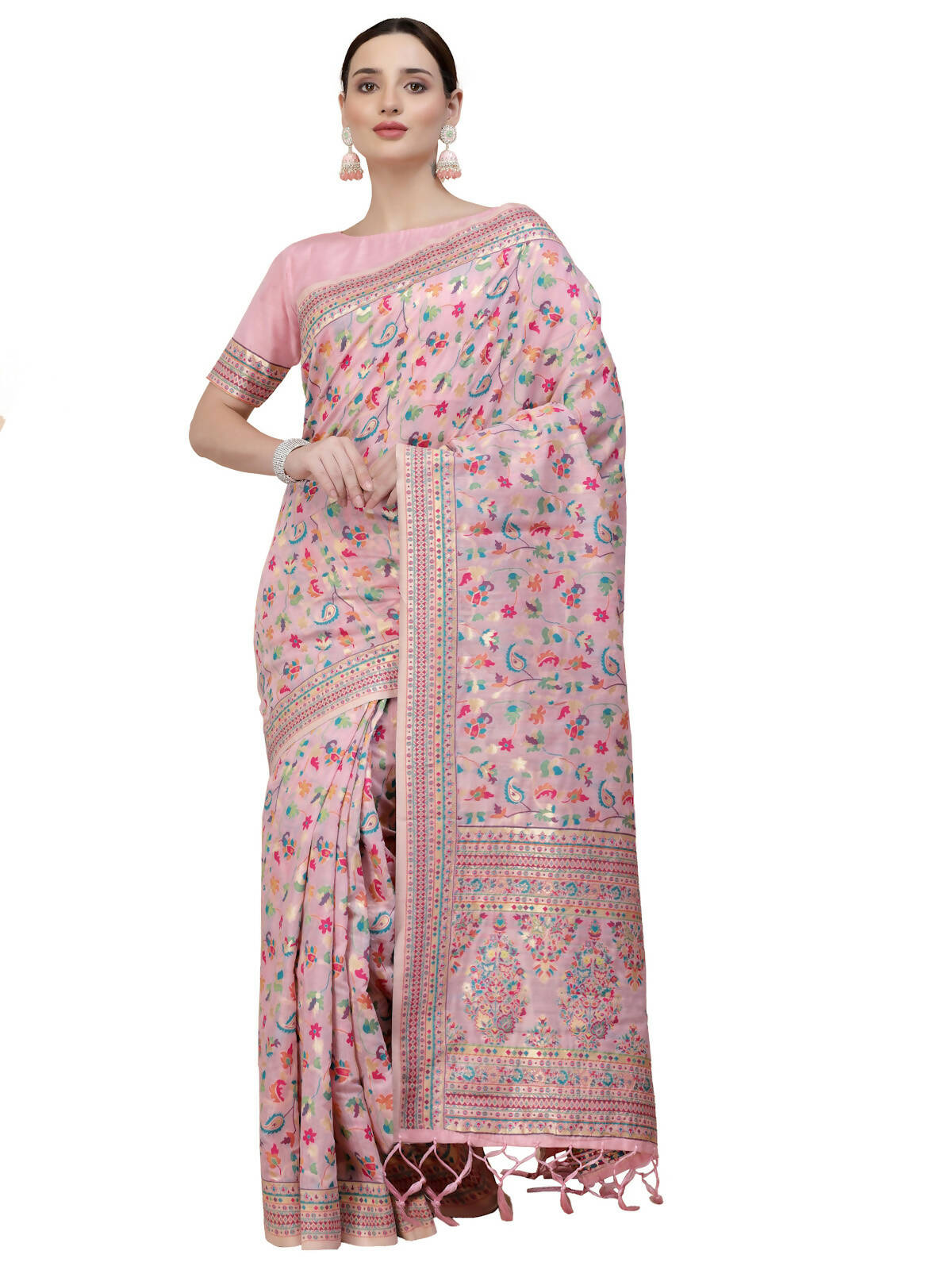 Light Pink Silk Blend Woven Design Saree With Unstitched Blouse Piece - Aloki - Distacart