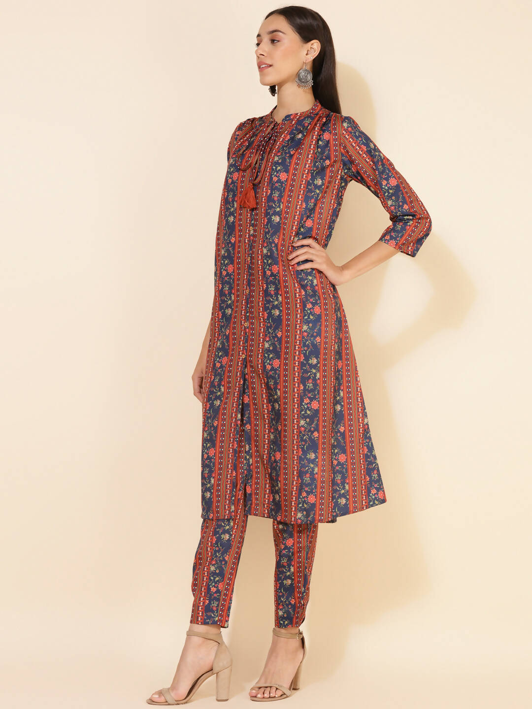 Janasya Women's Blue Crepe Digital Floral Printed Festive A-line Co-ords - Distacart