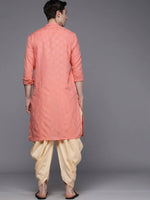 Thumbnail for Manyavar Men Peach-Coloured Mandarin Collar Self Design Kurta - Distacart
