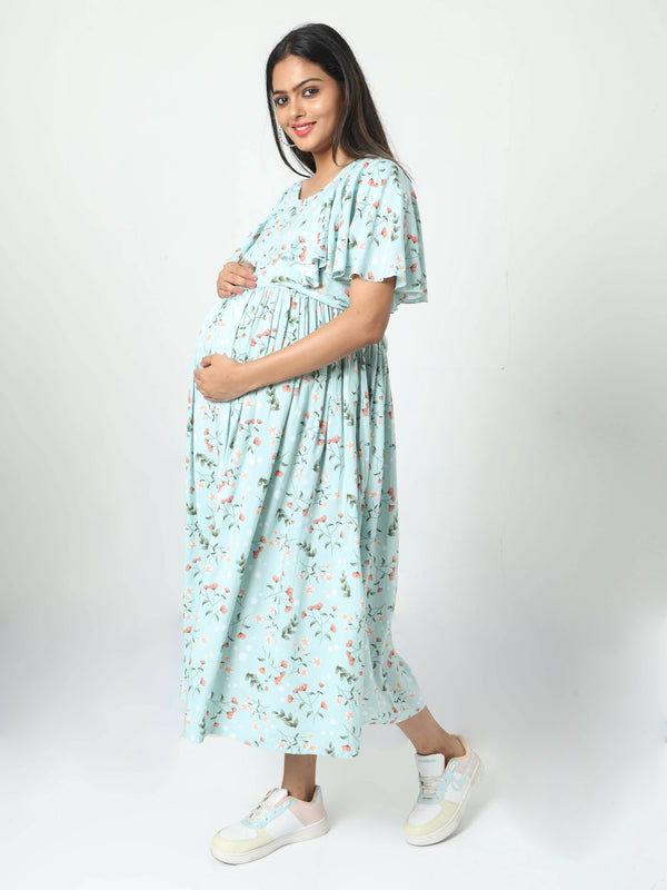 Manet Frill With Sleeve Maternity Dress Floral Print With Concealed Zipper Nursing Access - Green - Distacart