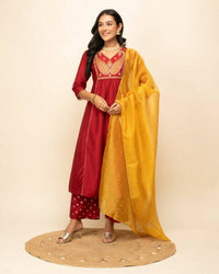 Thumbnail for FIORRA Women's Red Silk Blend A-Line Kurta Palazzo Set With Dupatta - Distacart