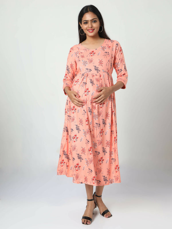 Manet Three Fourth Maternity Dress Floral Print With Concealed Zipper Nursing Access - Orange - Distacart