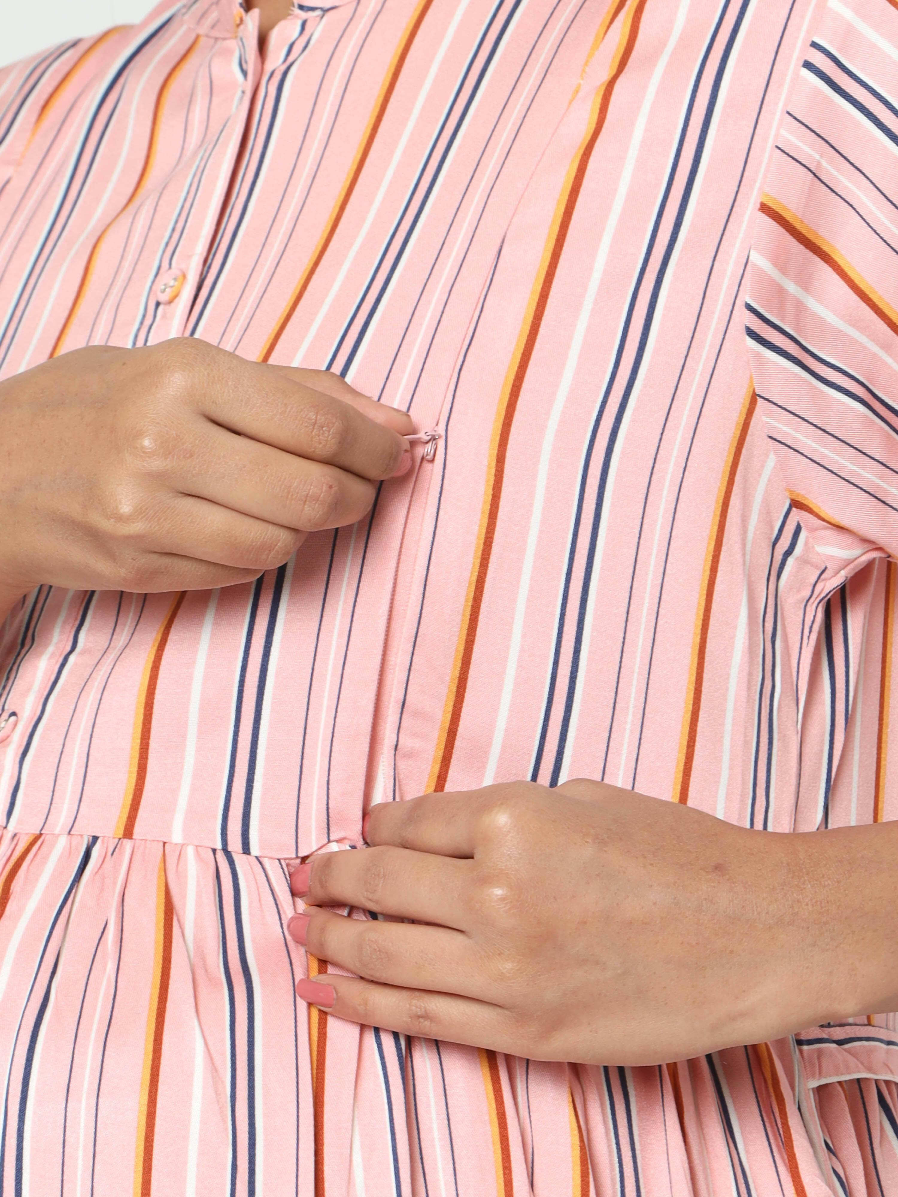 Manet Three Fourth Maternity Dress Strip Print With Concealed Zipper Nursing Access - Pink - Distacart