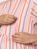 Thumbnail for Manet Three Fourth Maternity Dress Strip Print With Concealed Zipper Nursing Access - Pink - Distacart