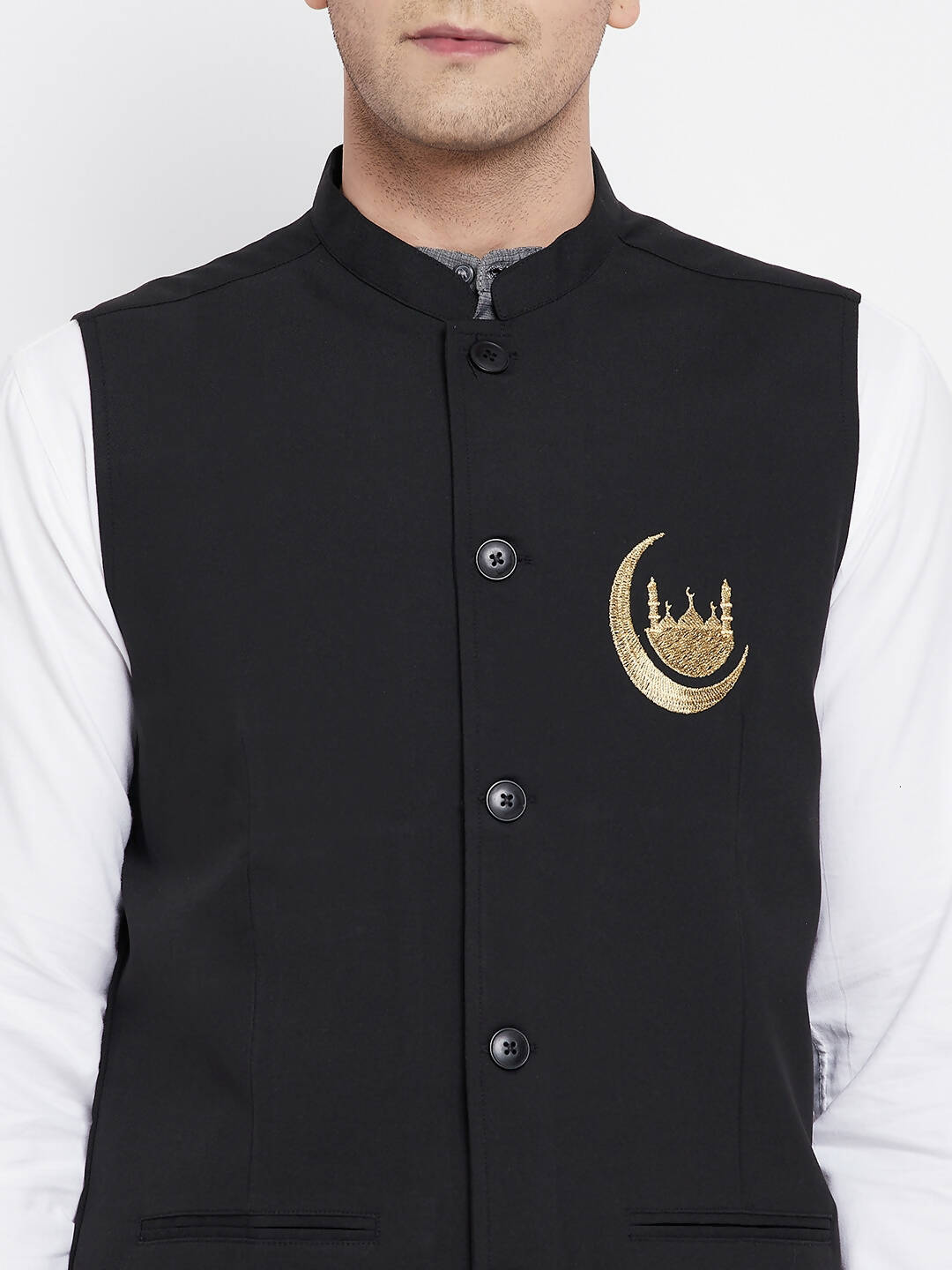 Even Apparels Black Pure Cotton Nehru Jacket With Eid Insignia NJ-PW668-CHA - Distacart